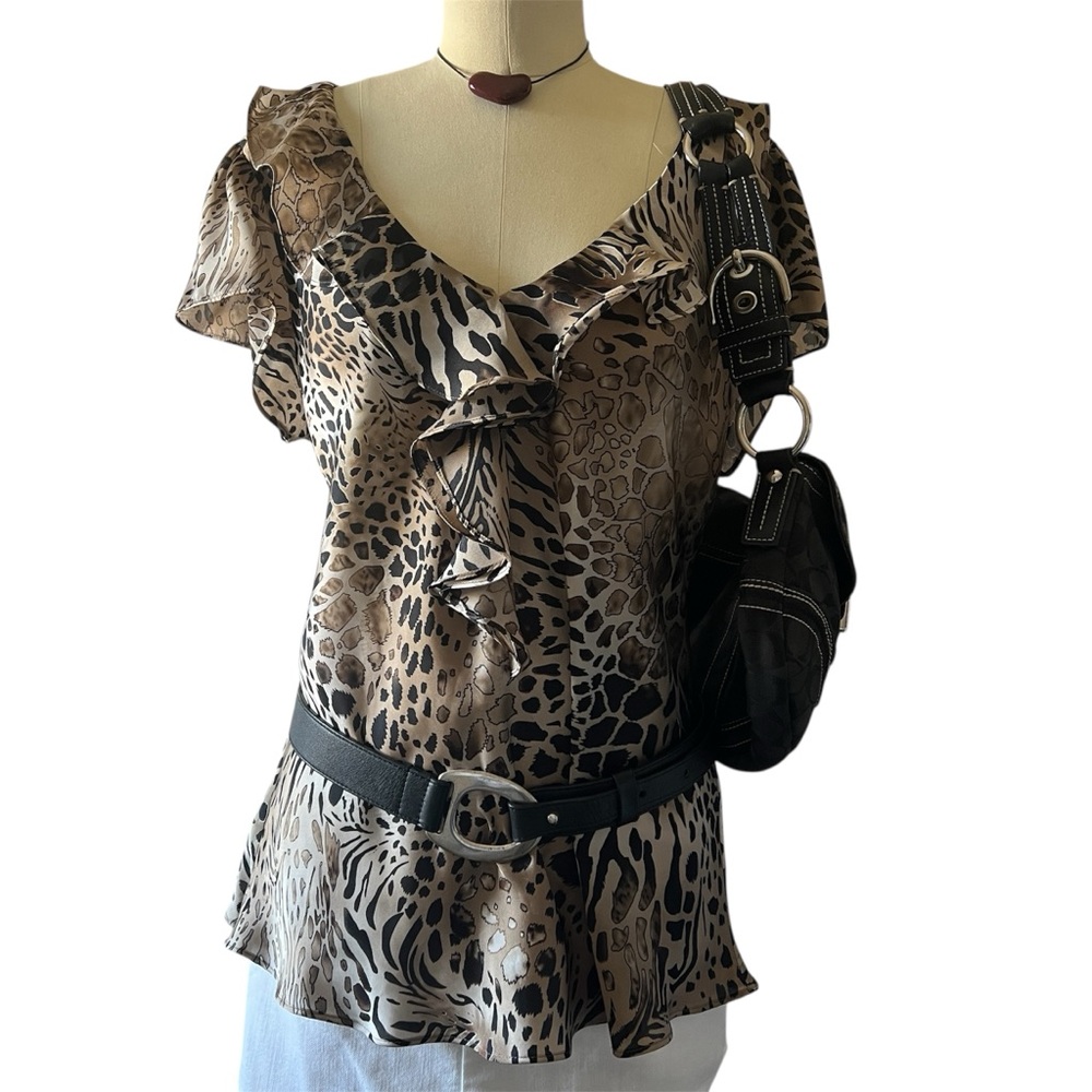 Vintage Y2K Sunny Leigh Animal Print Ruffle V-Neck Blouse Size L